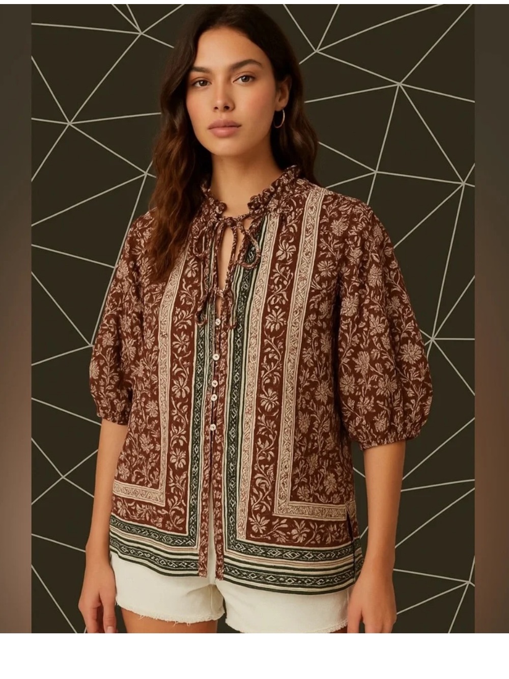 Free People Brown Floral Border-Print Tie-Neck Blouse